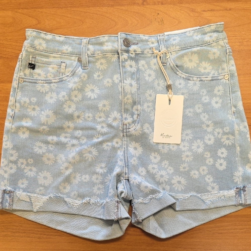 KanCan Blue and White Floral Jean Shorts